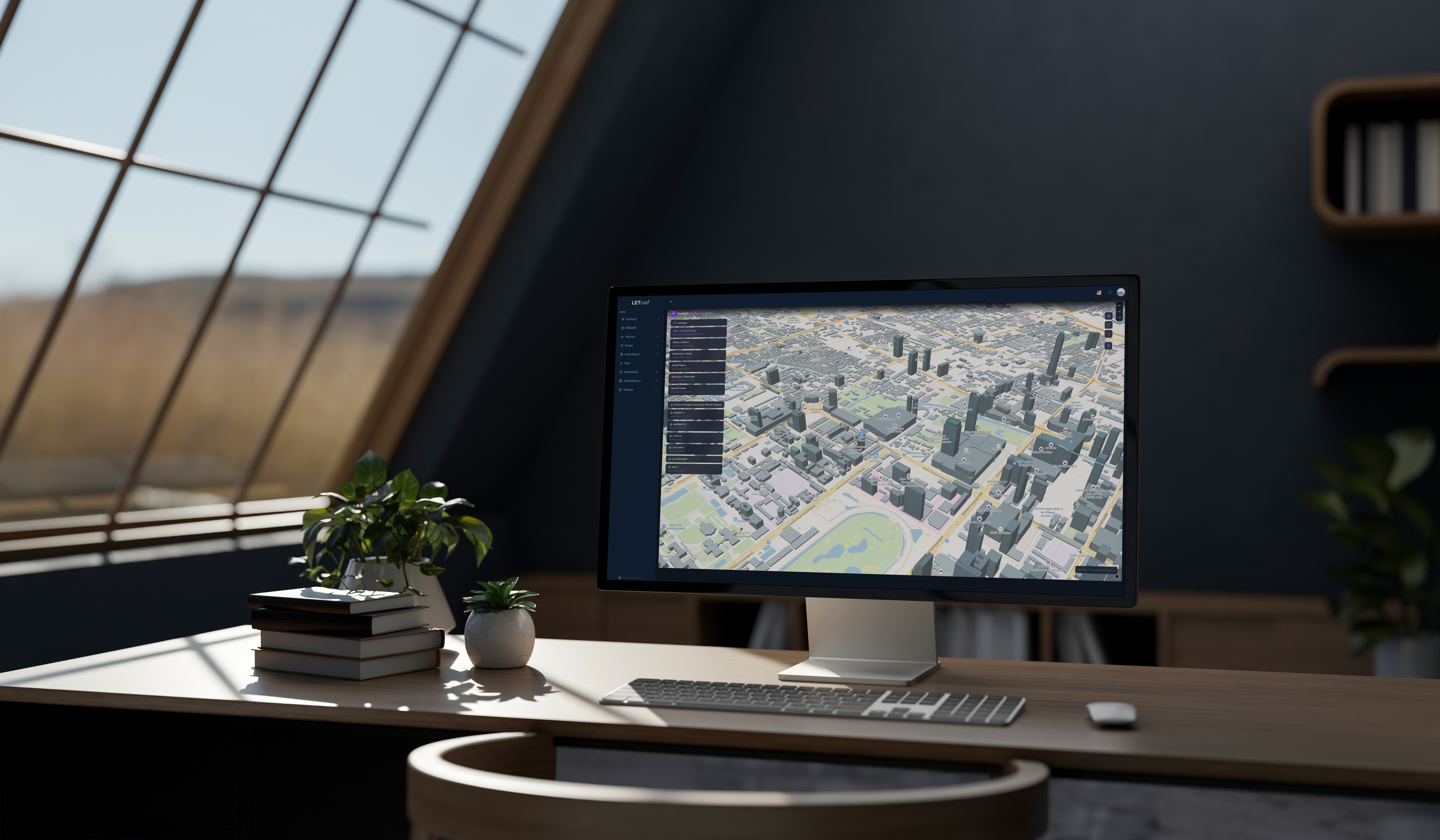 Canvas running on a desktop monitor in a sunlit workspace, showing a 3D city map of the operational environment.